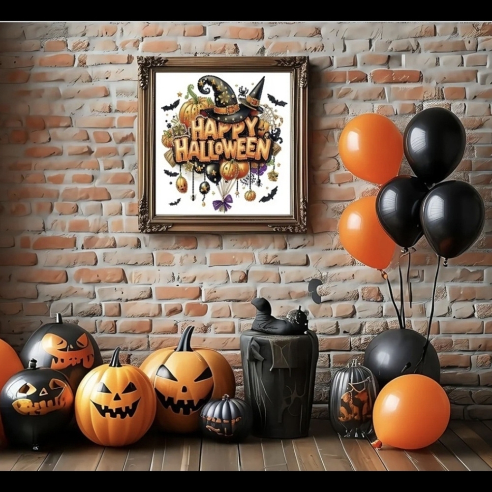 Happy Halloween Witch Hat Balloons 5D Gemstone Crystal Diamond Painting Kit - Picture 2 of 7